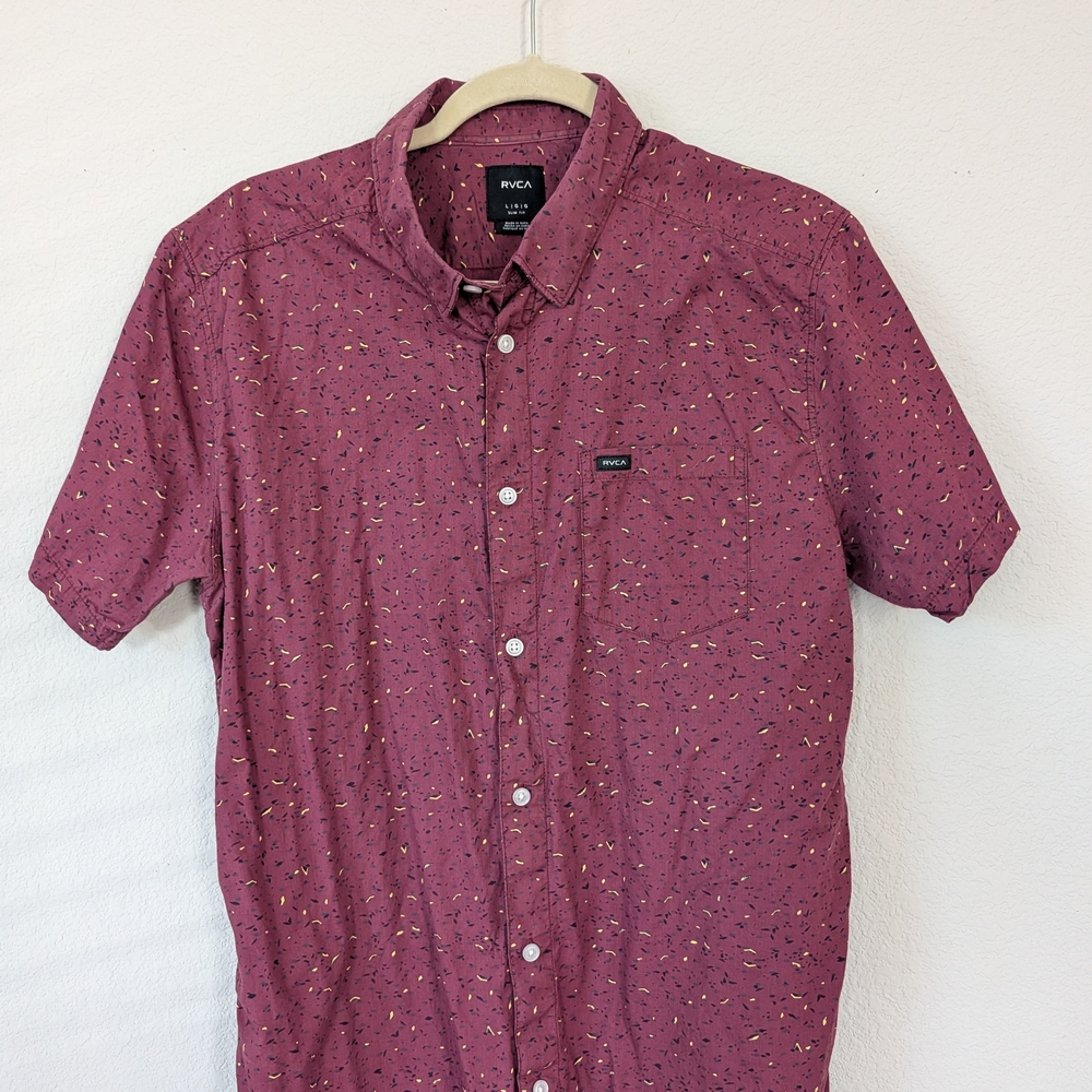 RVCA Men's Burgundy Patterned Button Down Shirt